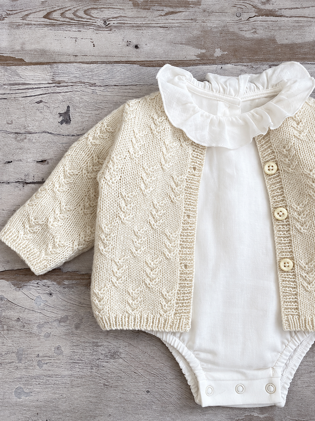 Baby Heirloom Cardigan knitting pattern, styled cardigan